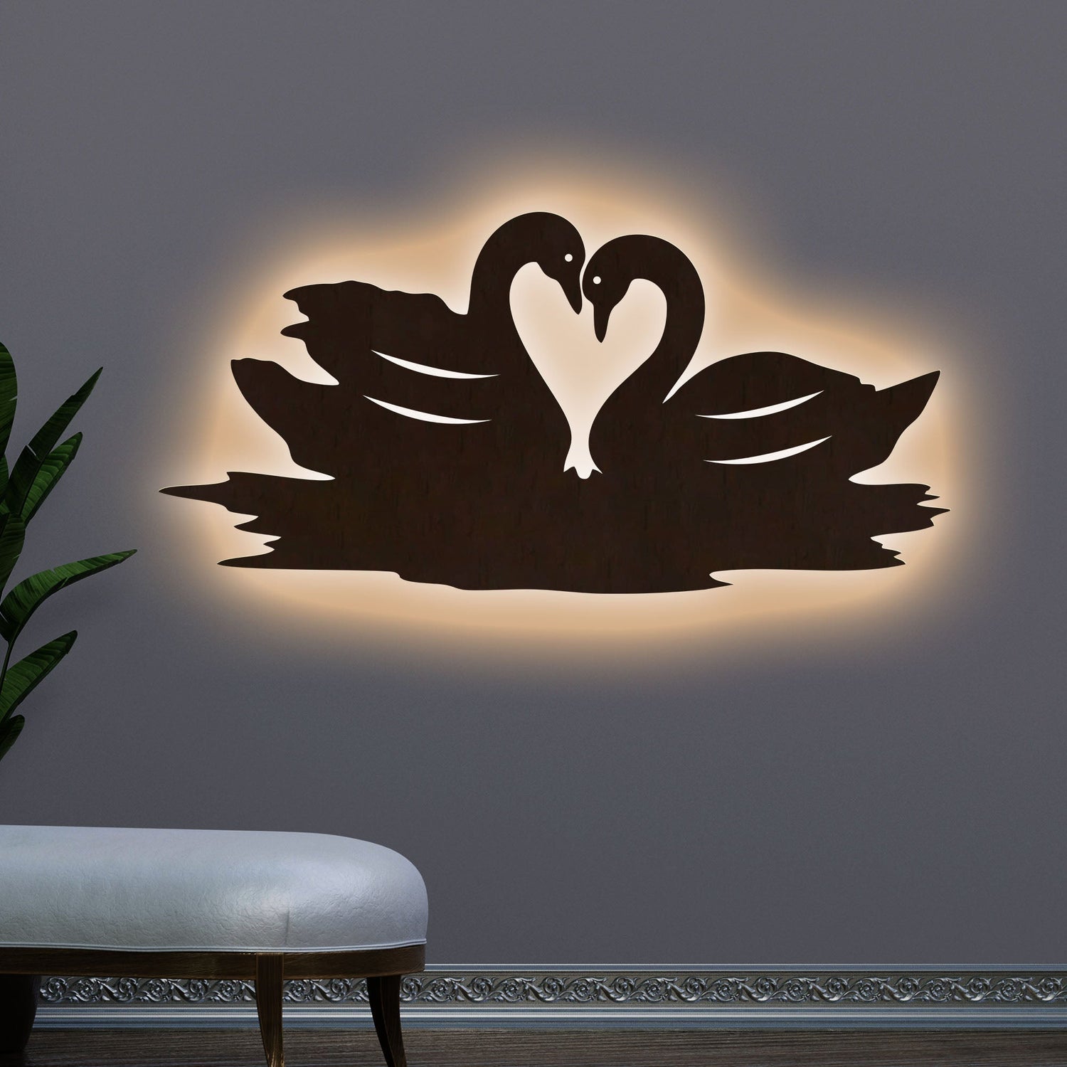 Loving Pair of Swan Backlit Wooden Wall Decor with LED Night Light With Remote