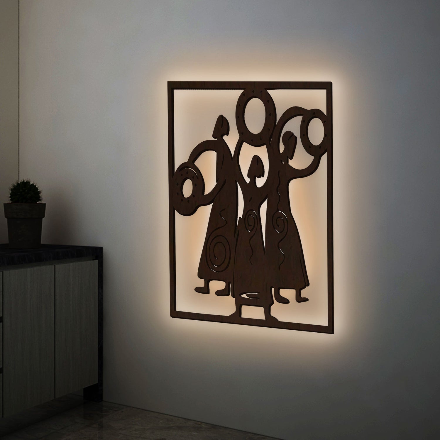 African Women Folk Dance Backlit Wooden Wall Decor with LED Night Light With Remote
