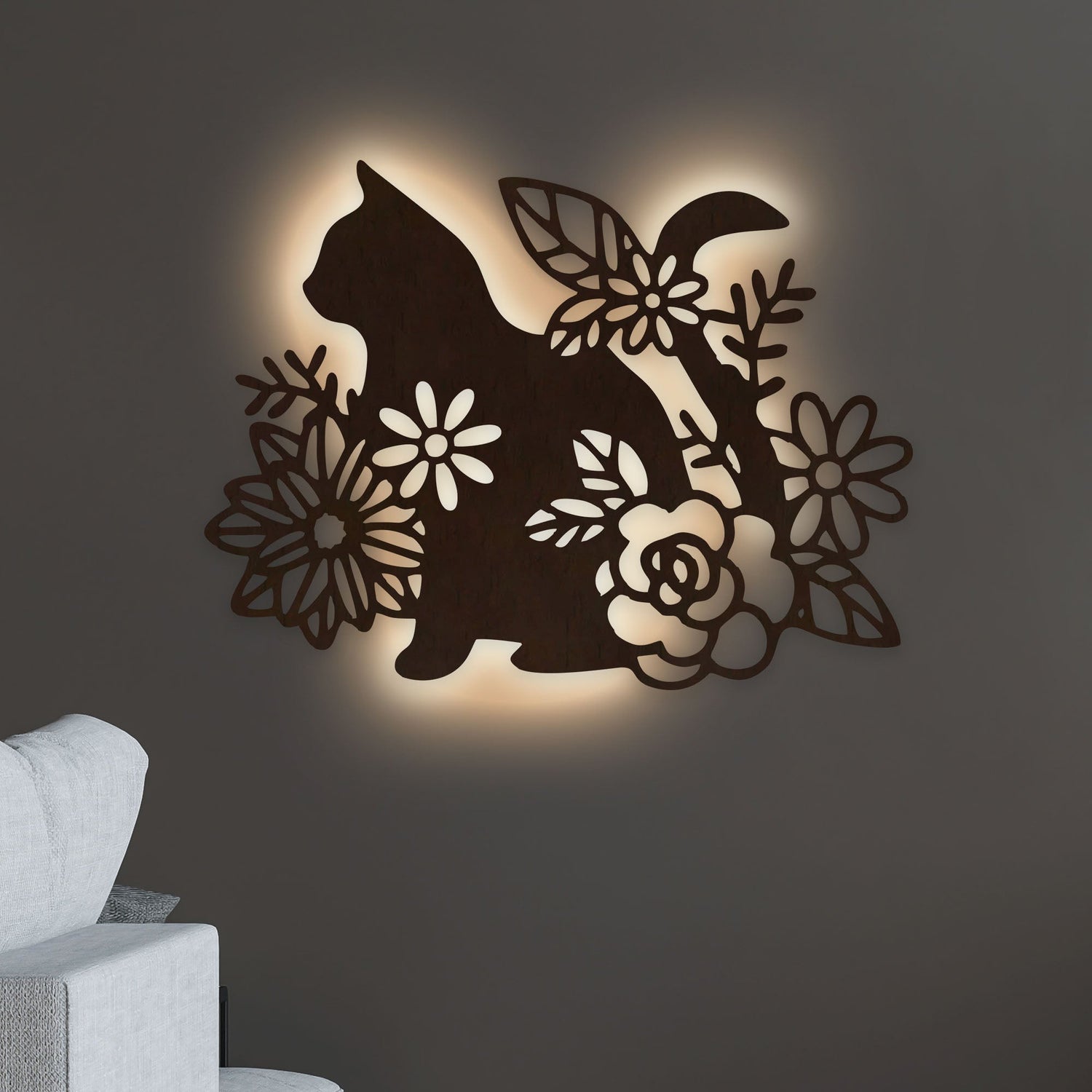 Cat with Flower Backlit Wooden Wall Decor with LED Night Light With Remote