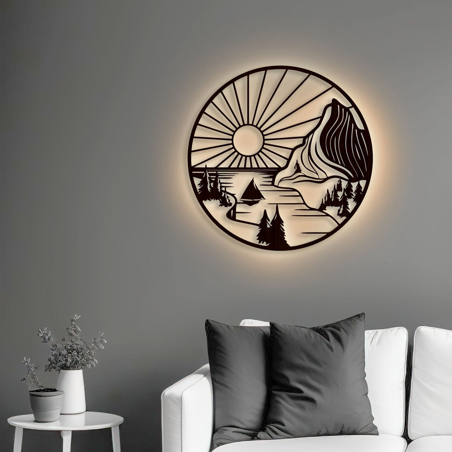 Beautiful Mountain and Rising Sun Scenery Backlit Wooden Wall Decor with LED Night Light With Remote