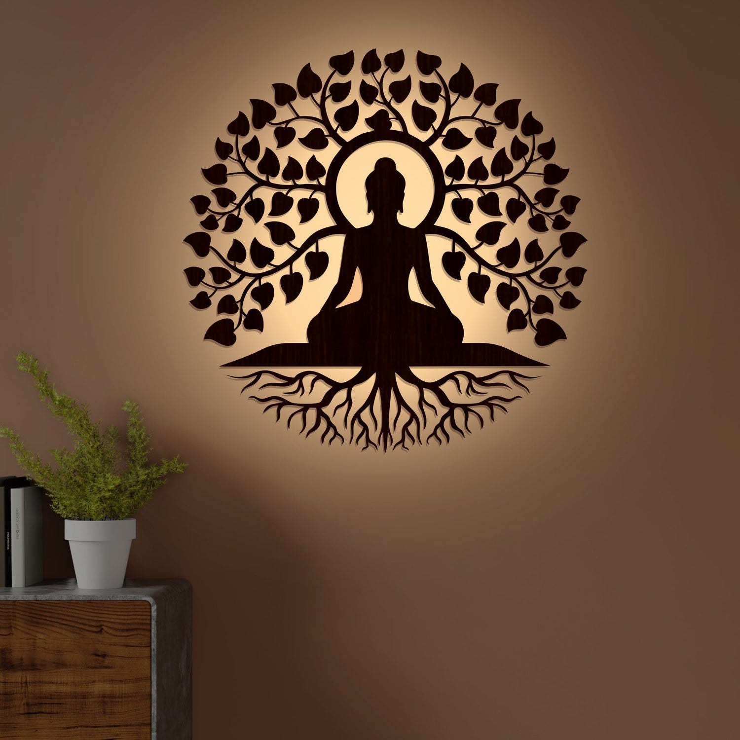 Meditating Lord Buddha Art Backlit Wooden Wall Hanging with LED Night Light With Remote