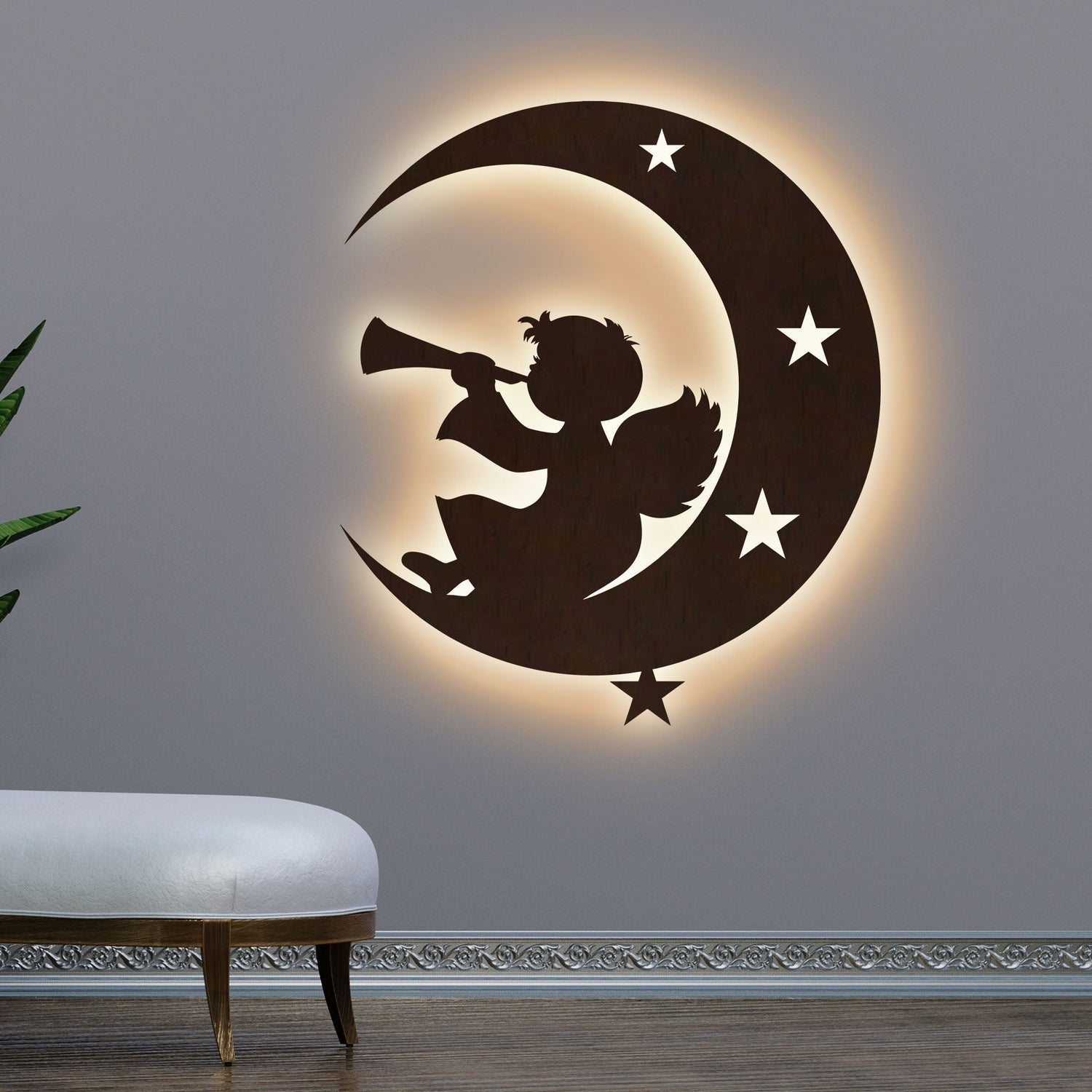 Silhouette Angel Backlit Wooden Wall Hanging with LED Night Light With Remote