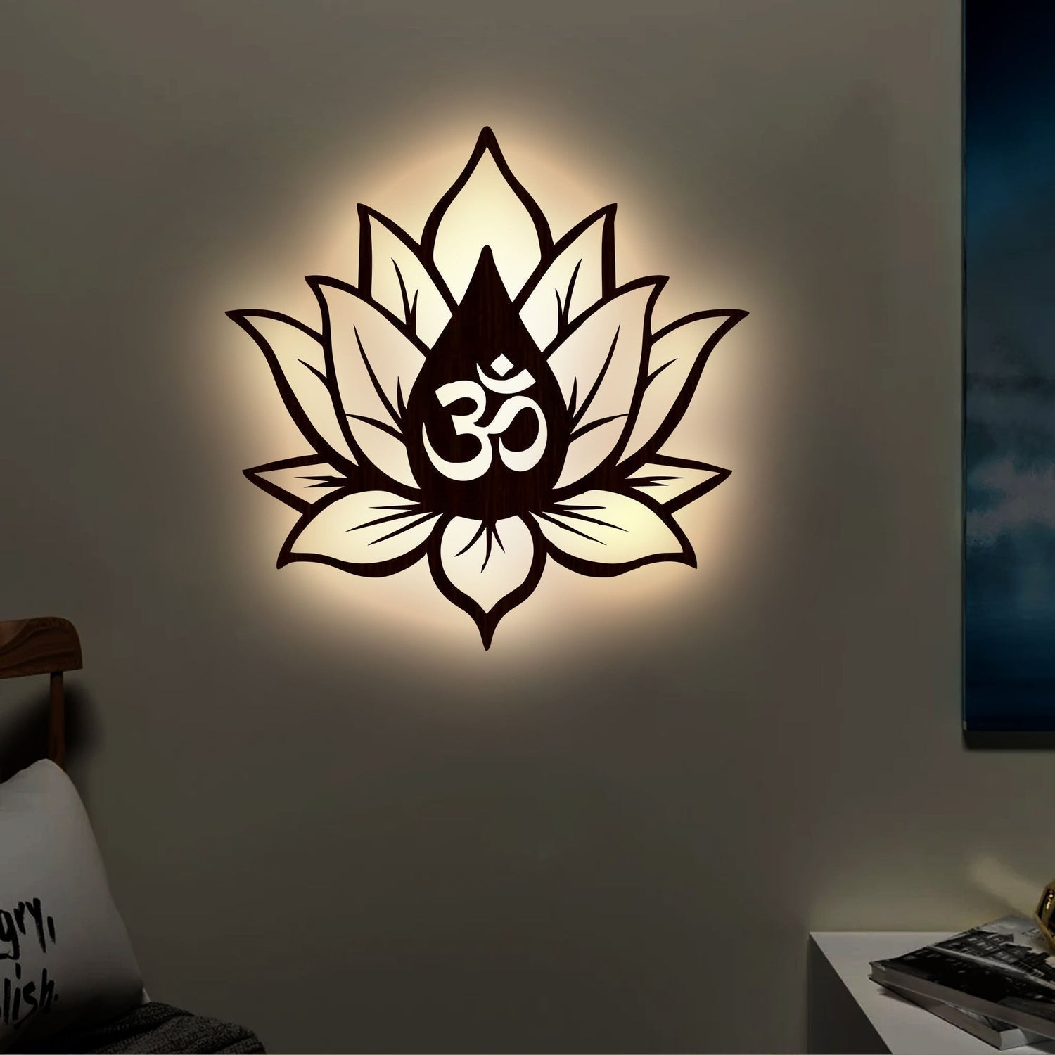 Hindu OM inside Lotus Flower Backlit Wooden Wall Decor with LED Night Light With Remote