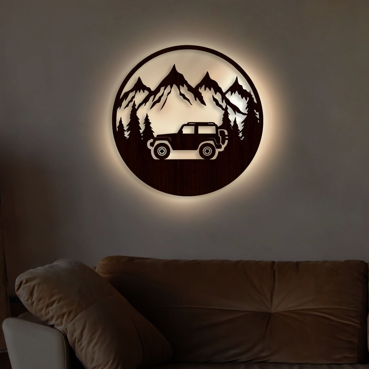 Mountain Forest Road Jeep Art Backlit Wooden Wall Hanging with LED Night Light With Remote