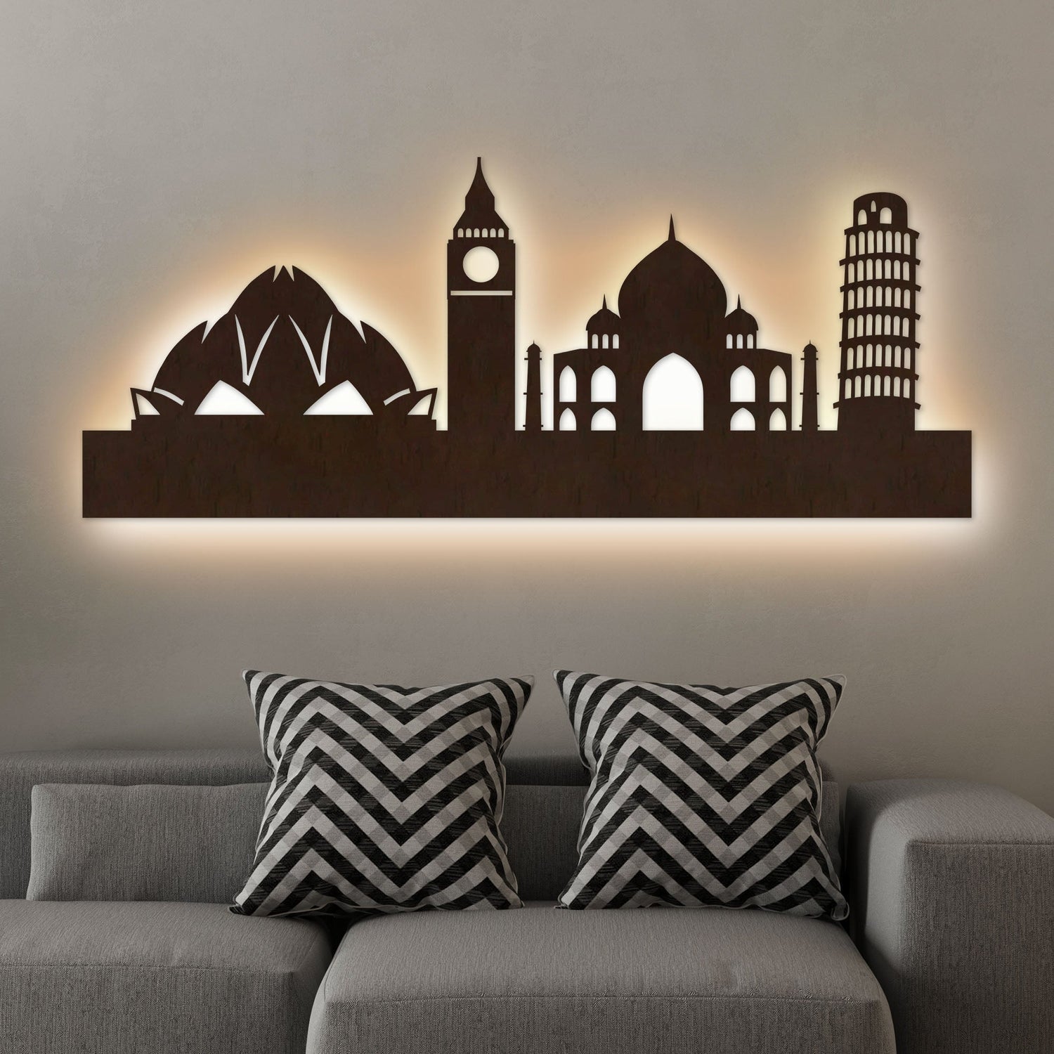 Famous Architectures Backlit Design Wooden Wall Hanging with LED Night Light With remote