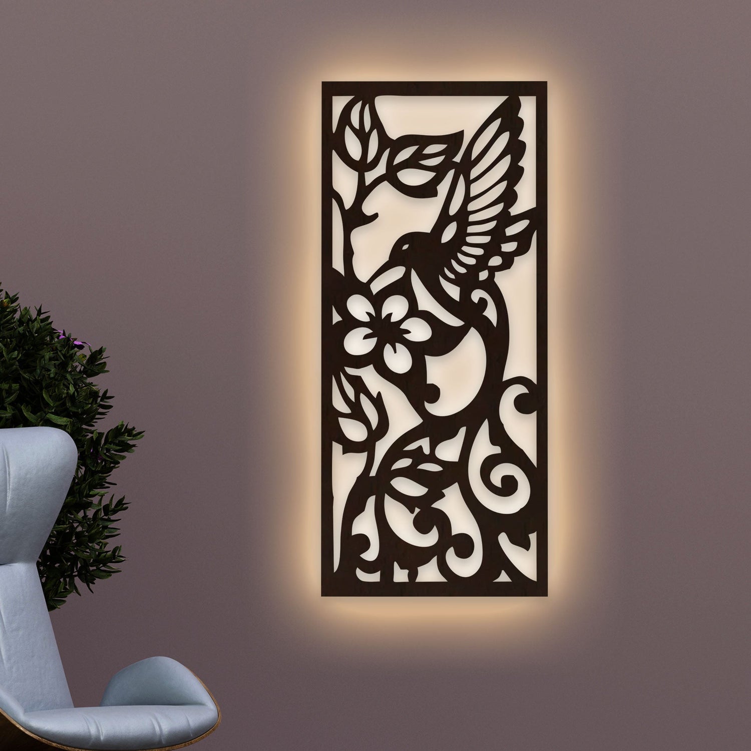 Beautiful Bird with Flower Backlit Wooden Wall Hanging with LED Night Light With Remote