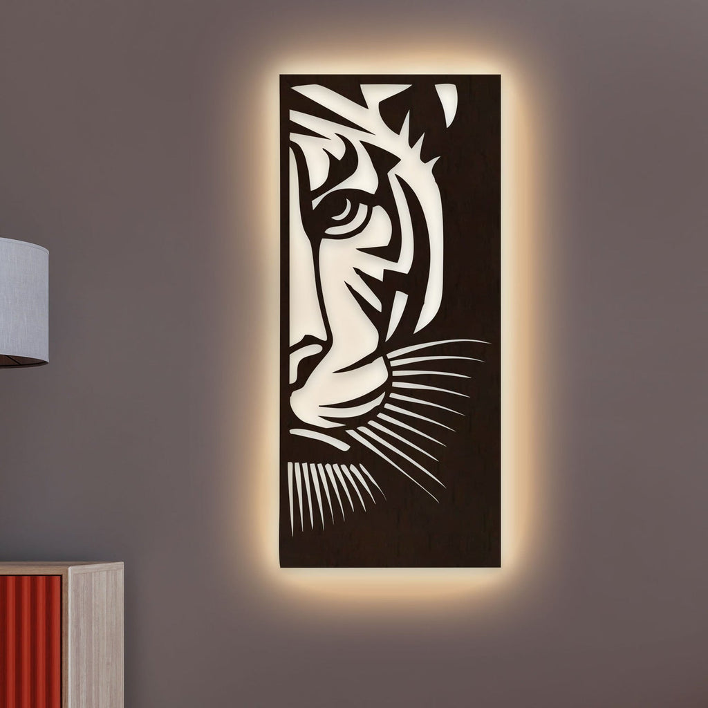 Tiger Face Art Backlit Wooden Wall Decor with LED Night Light With Remote