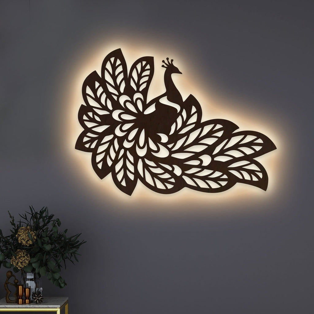 Beautiful Peacock Wings Designer Art Backlit Wooden Wall Decor with LED Night Light With Remote