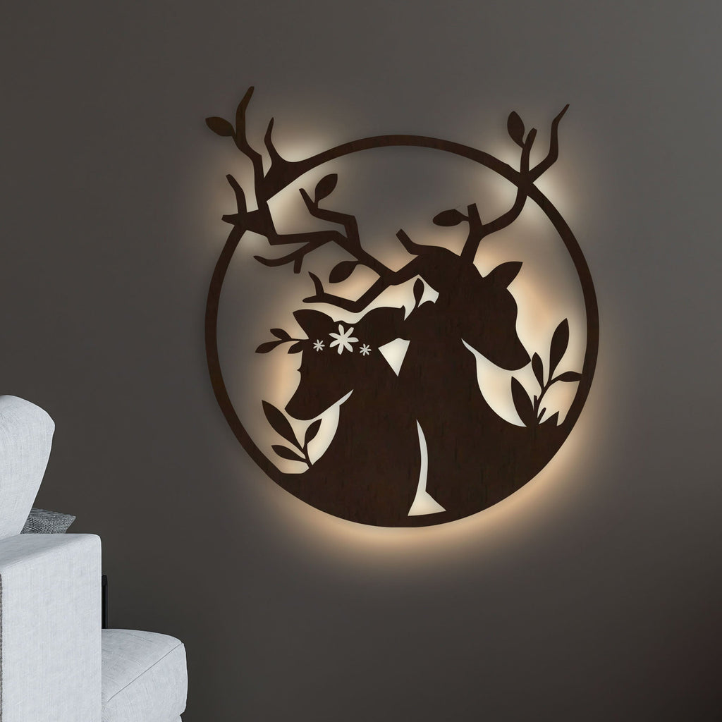 Loving Deer in Round Shaped Backlit Wooden Wall Decor with LED Night Light With Remote