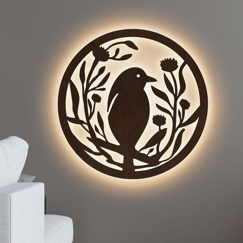 Beautiful Bird with Flower Round Backlit Wooden Wall Hanging with LED Night Light With Remote