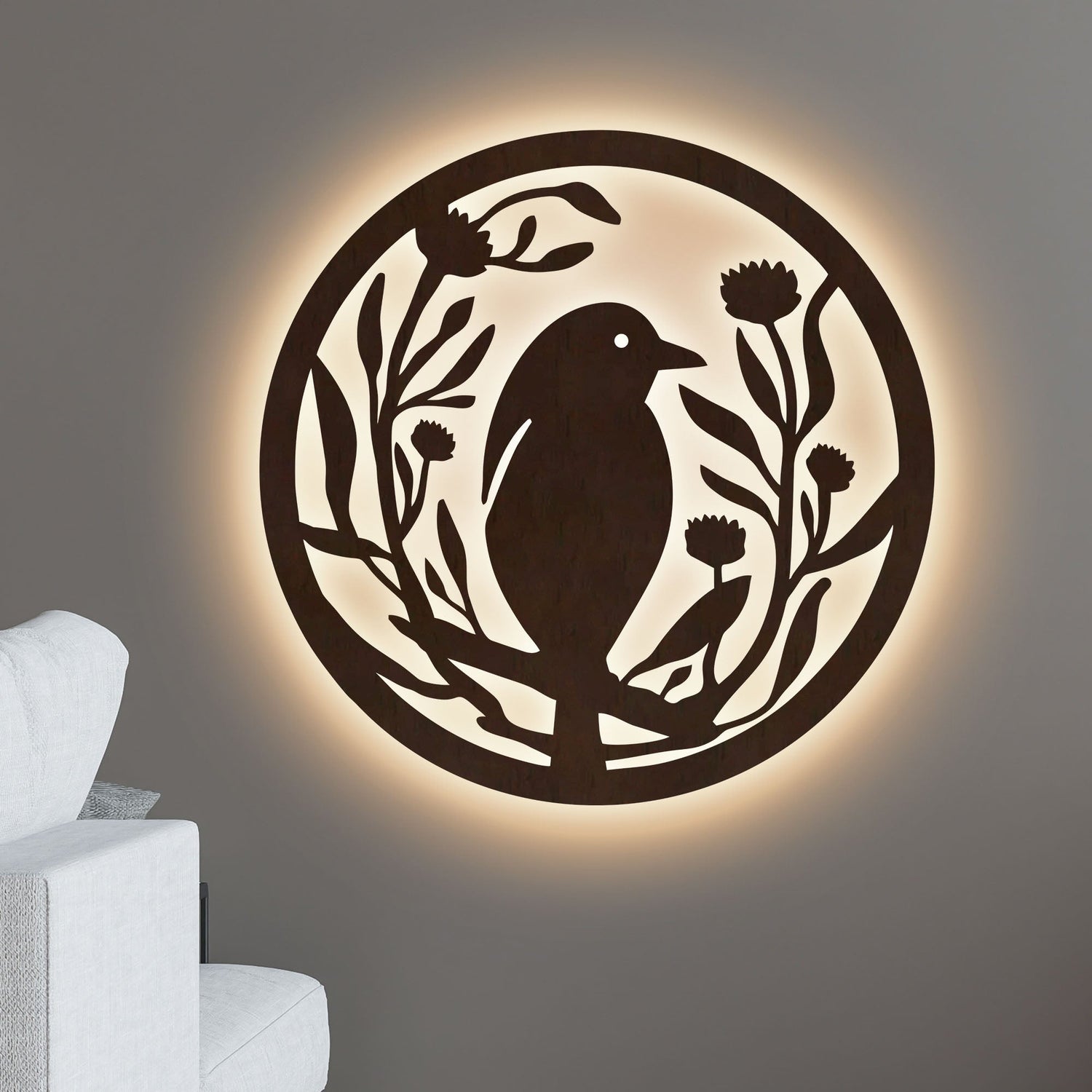 Beautiful Bird with Flower Round Backlit Wooden Wall Hanging with LED Night Light With Remote