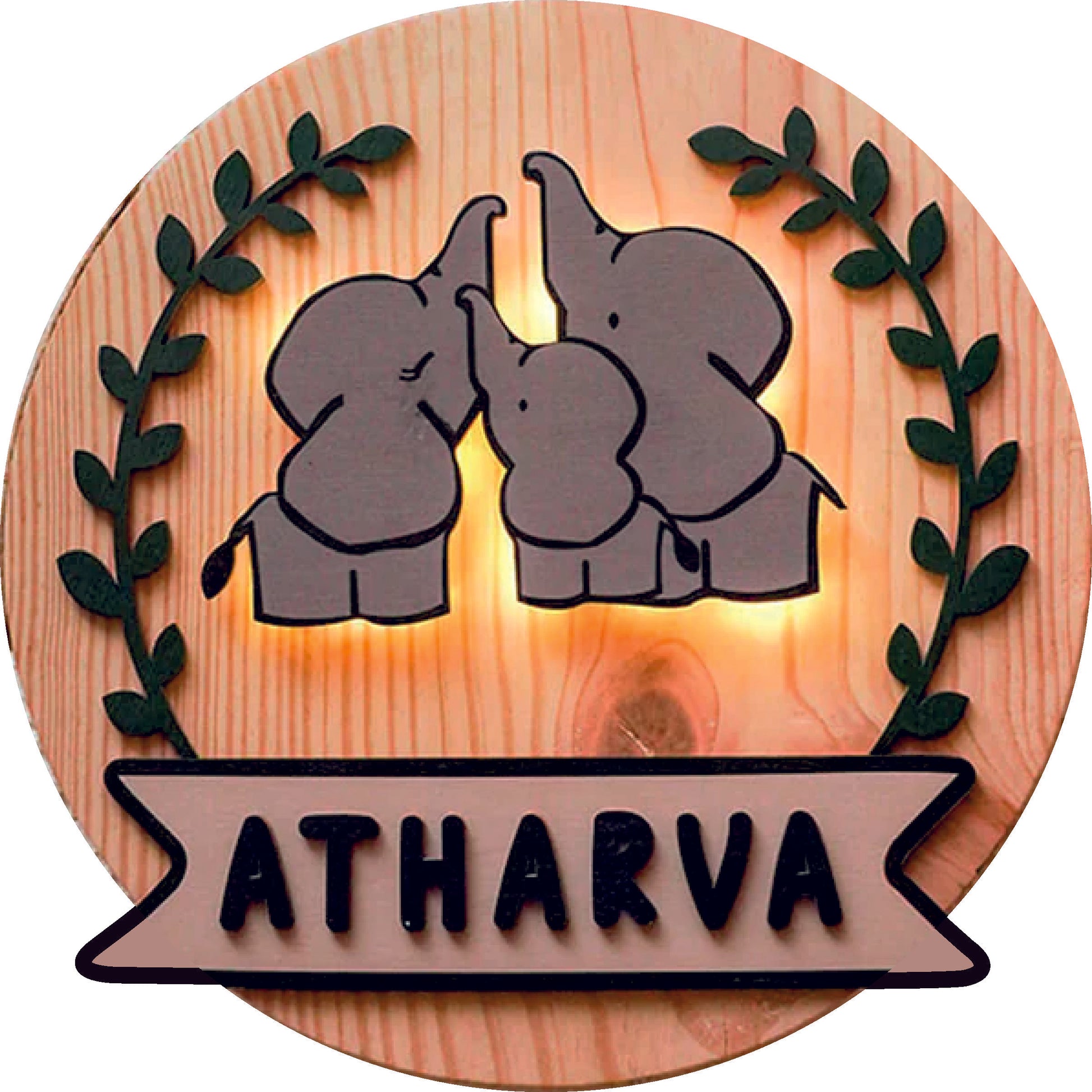 Elephant Theme Kids Name Plate ( Wooden Base + Black Acrylic with Light & Printing)