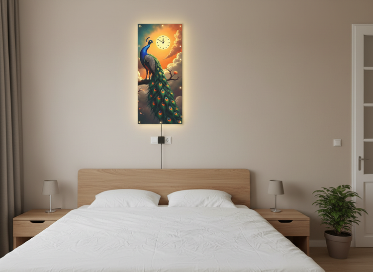 Peacock Print Wall Clock With Light