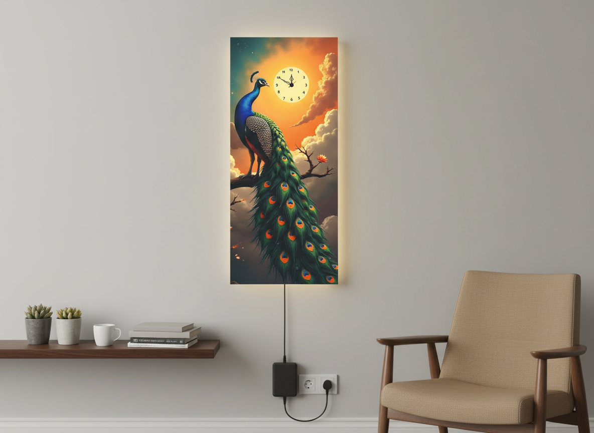 Peacock Print Wall Clock With Light