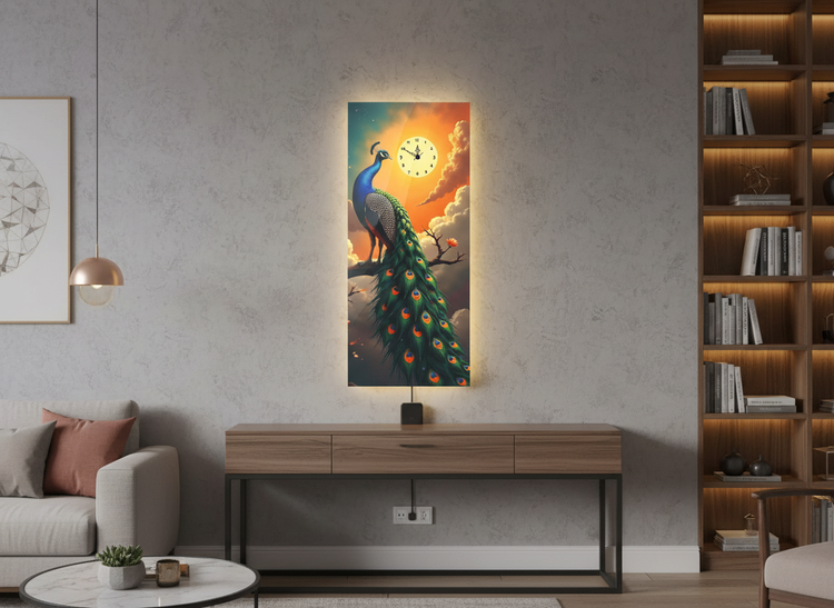 Peacock Print Wall Clock With Light