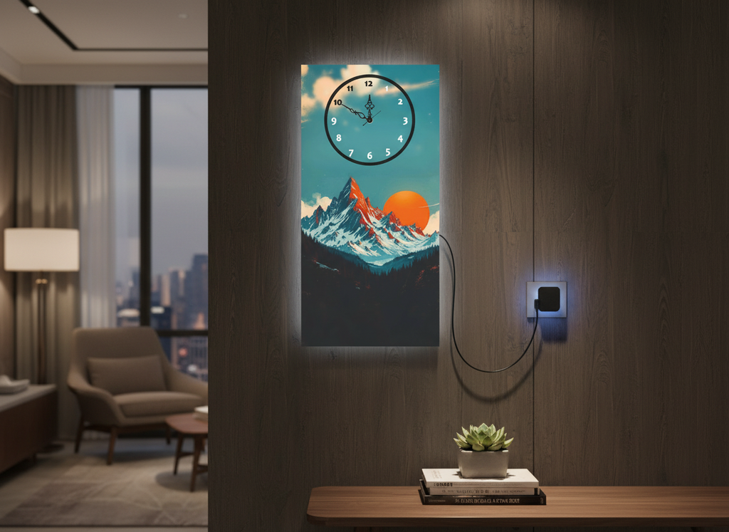 Mountain Print Wall Clock With Light