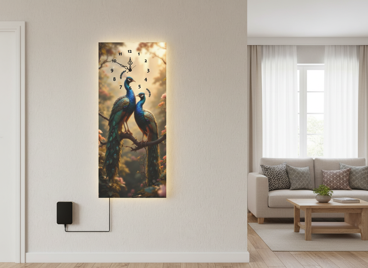 Peacocks Print Wall Clock With Light