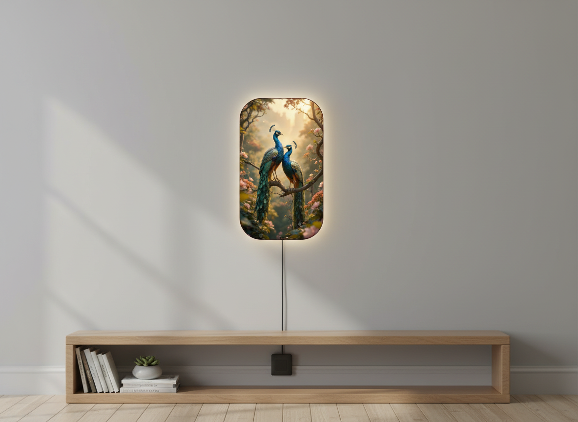 Peacock Print Wall Frame With Light