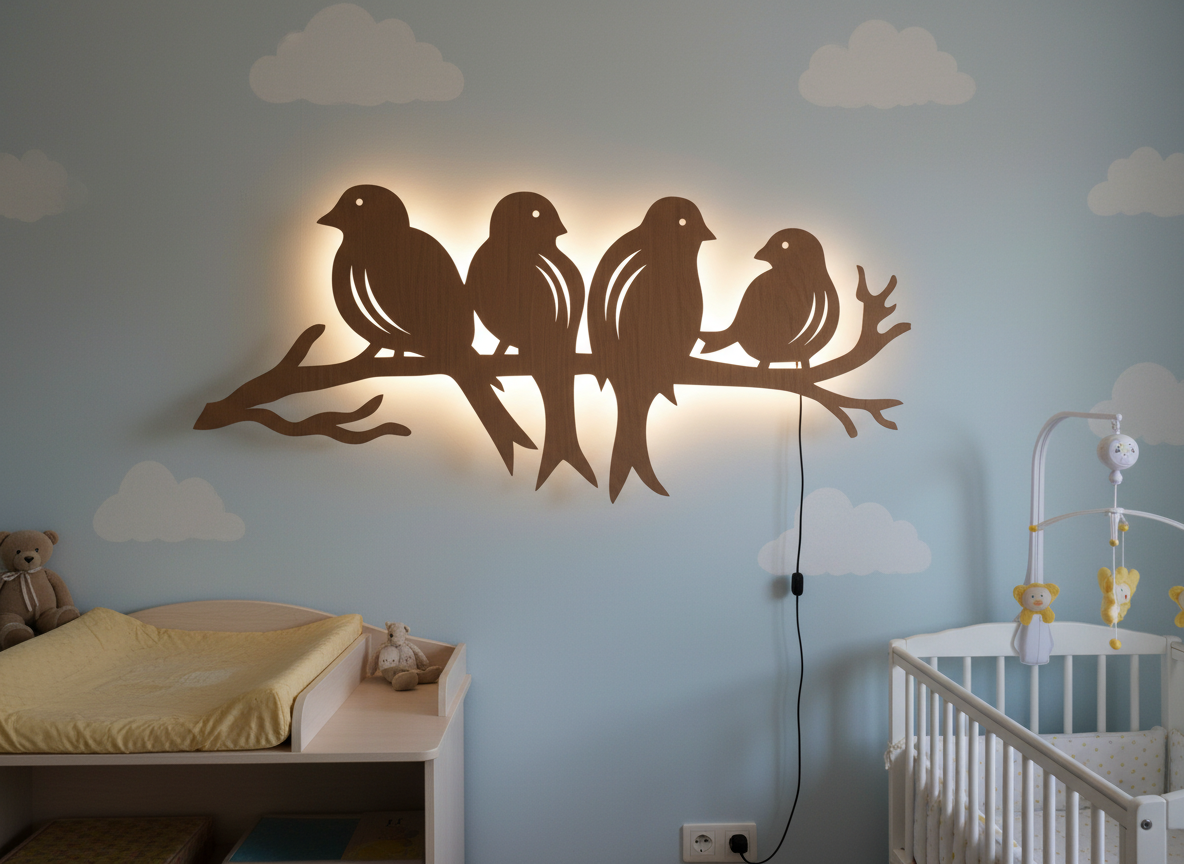 Birds Sitting on Branch Backlit Wooden Wall Decor with LED Night Light With Remote