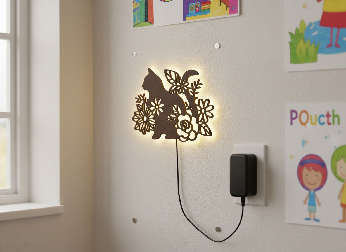 Cat with Flower Backlit Wooden Wall Decor with LED Night Light With Remote