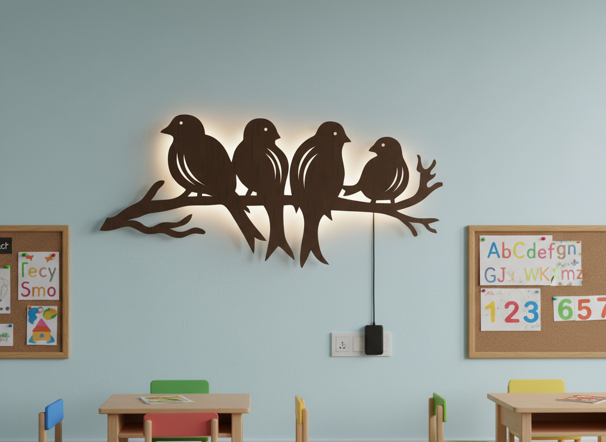 Birds Sitting on Branch Backlit Wooden Wall Decor with LED Night Light With Remote