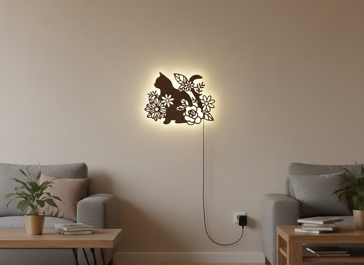 Cat with Flower Backlit Wooden Wall Decor with LED Night Light With Remote