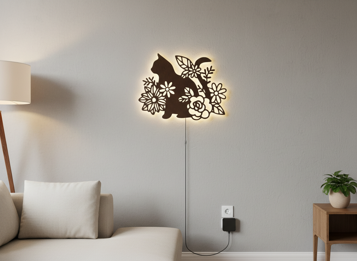 Cat with Flower Backlit Wooden Wall Decor with LED Night Light With Remote