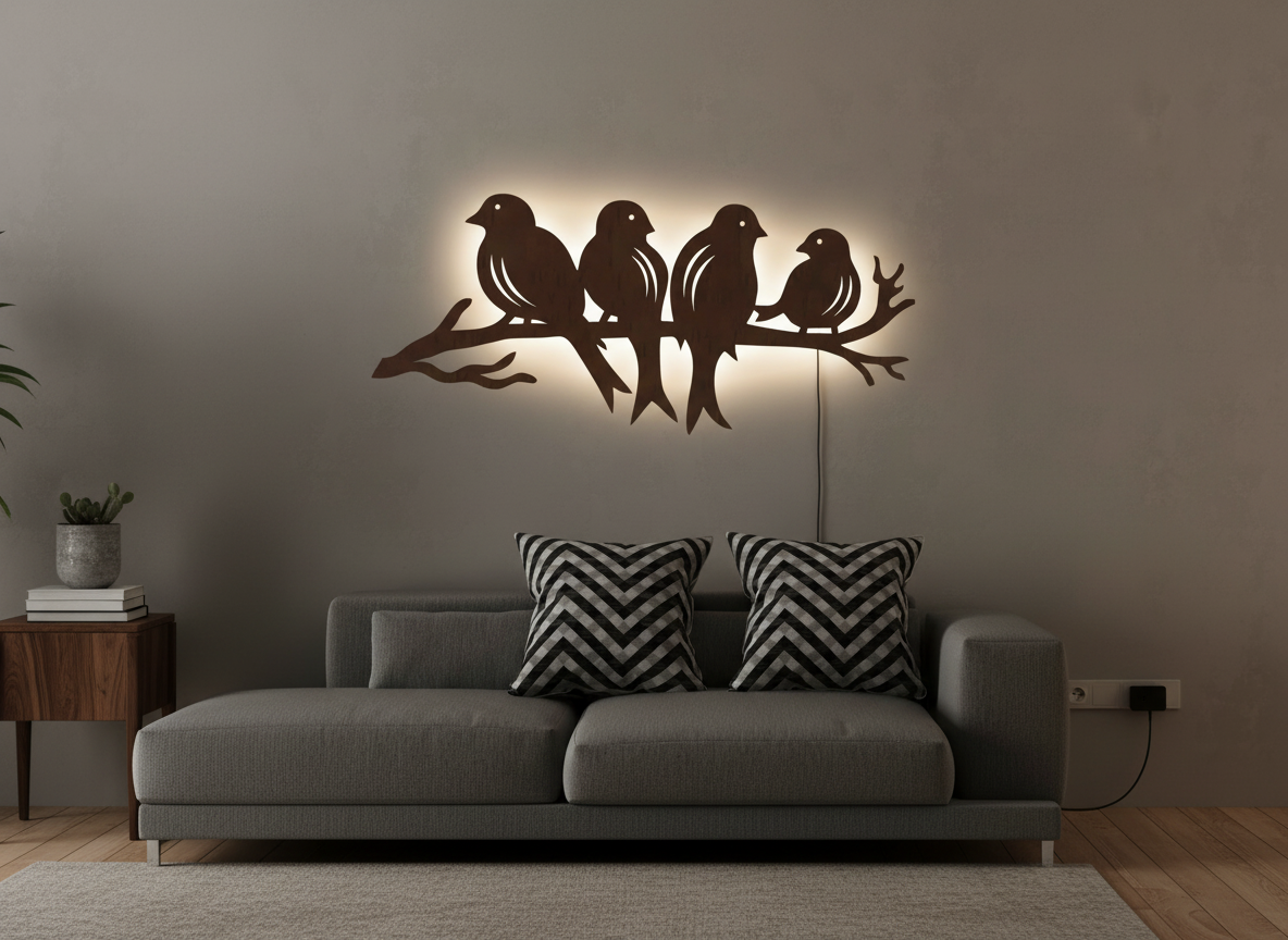 Birds Sitting on Branch Backlit Wooden Wall Decor with LED Night Light With Remote