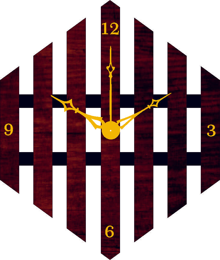 Wooden clock design with vertical slats and gold hands on a white background