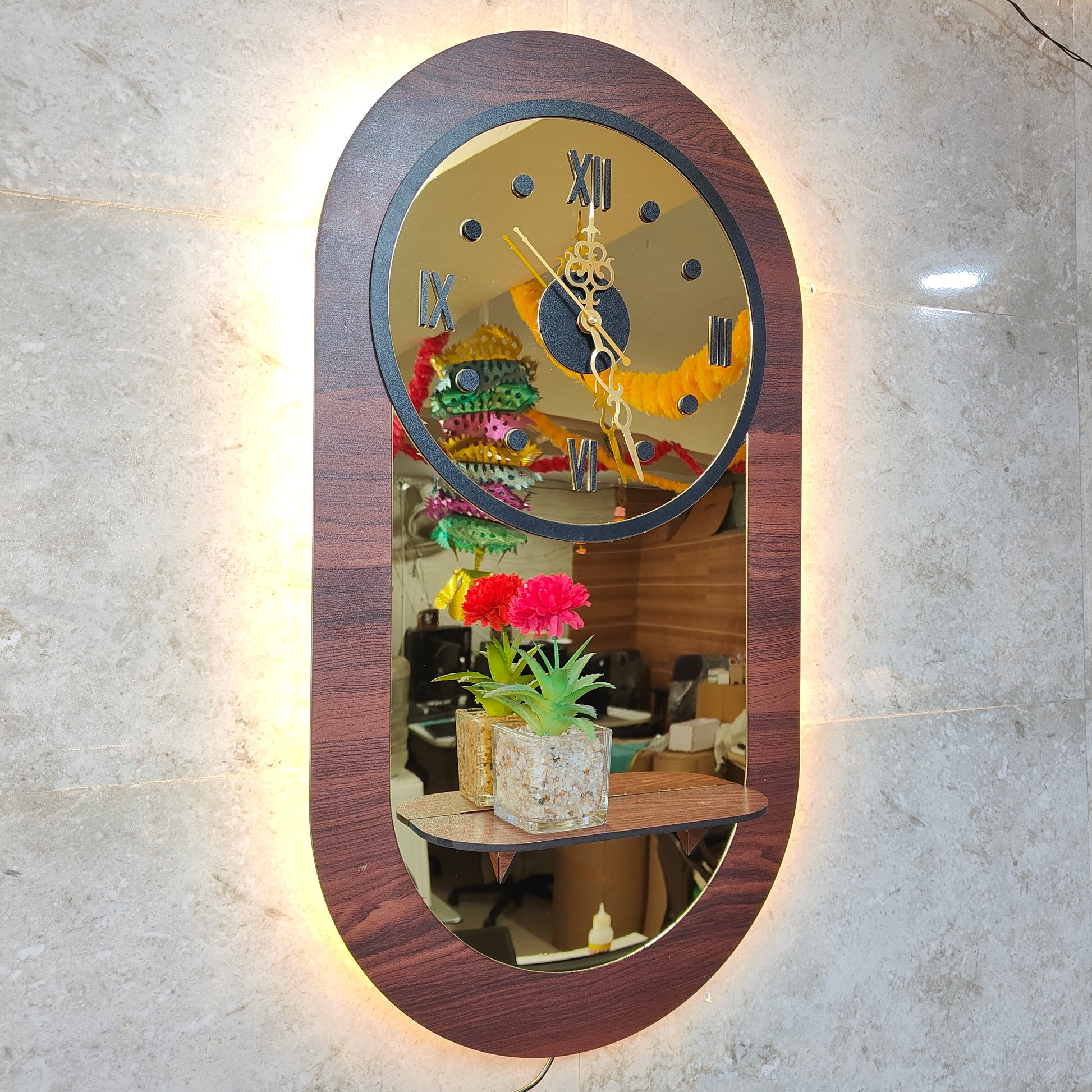 Golden Aura Elegant Wall Clock With led Backlight and Built-in Ledge