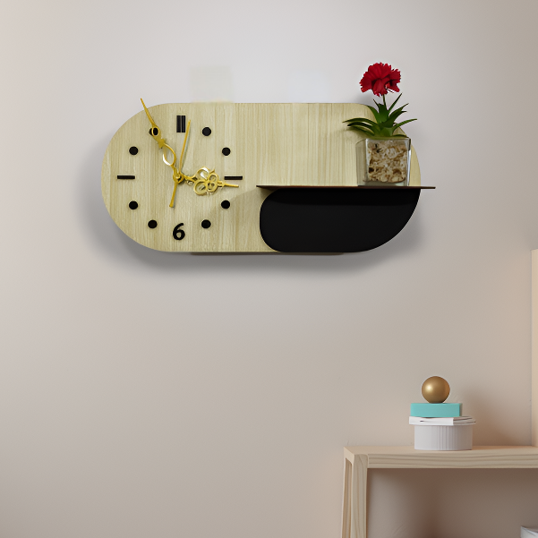 Blossom Shelf Wooden Wall Clock With LED Backlight and Built-in Ledge