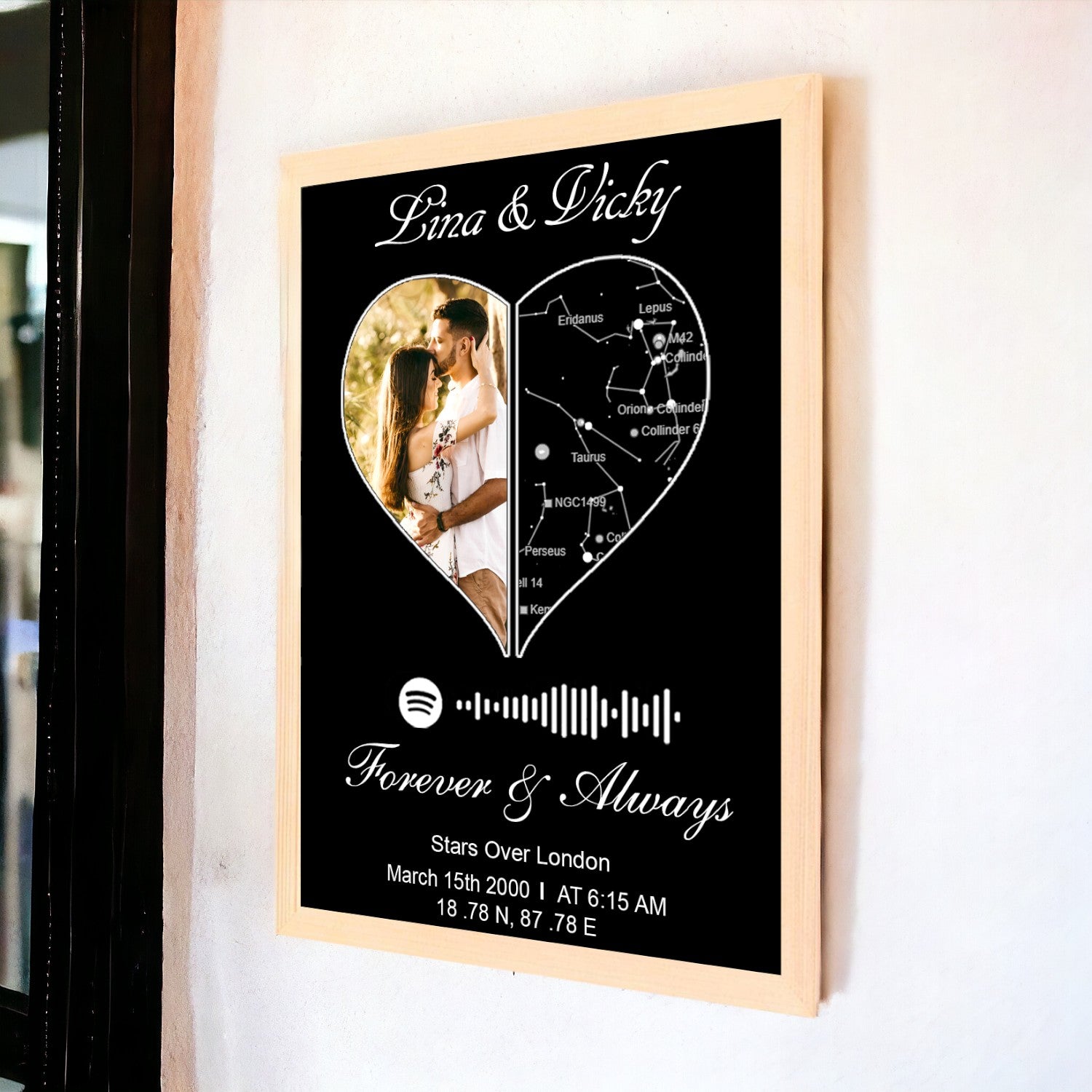 Personalized Unique Heart Star Map With Wood Border