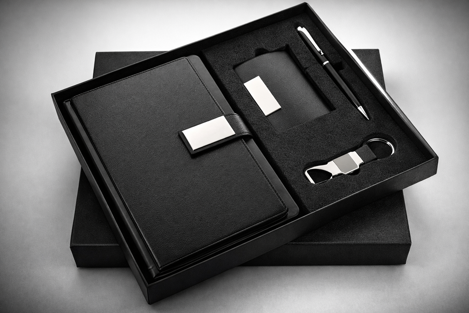 Black 4 in 1 Gift Set – Diary, Pen, Keychain & Card Holder Combo | Premium Corporate Office Gift