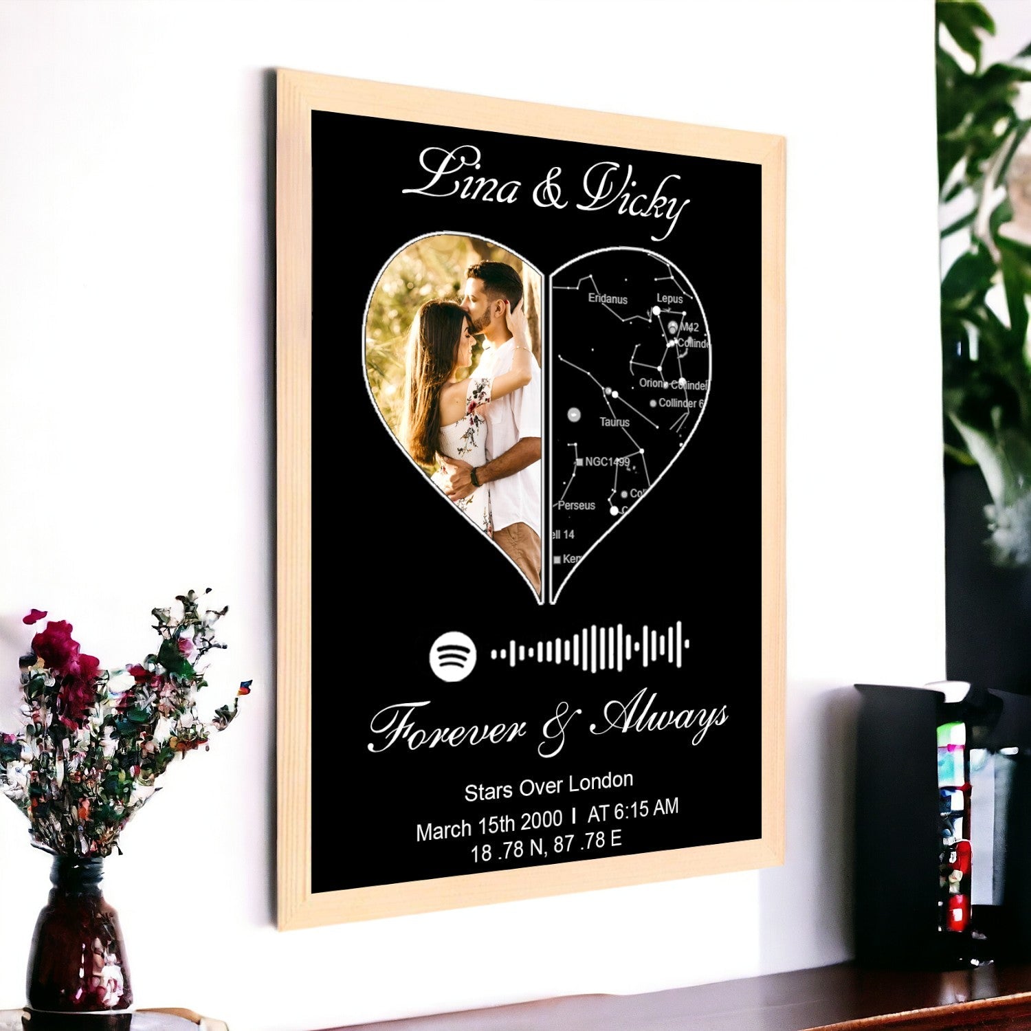 Personalized Unique Heart Star Map With Wood Border