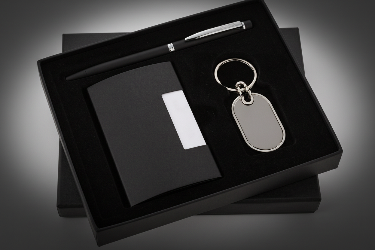 Corporate Gift Combo Set – Pen + Visiting Card Holder + Keychain
