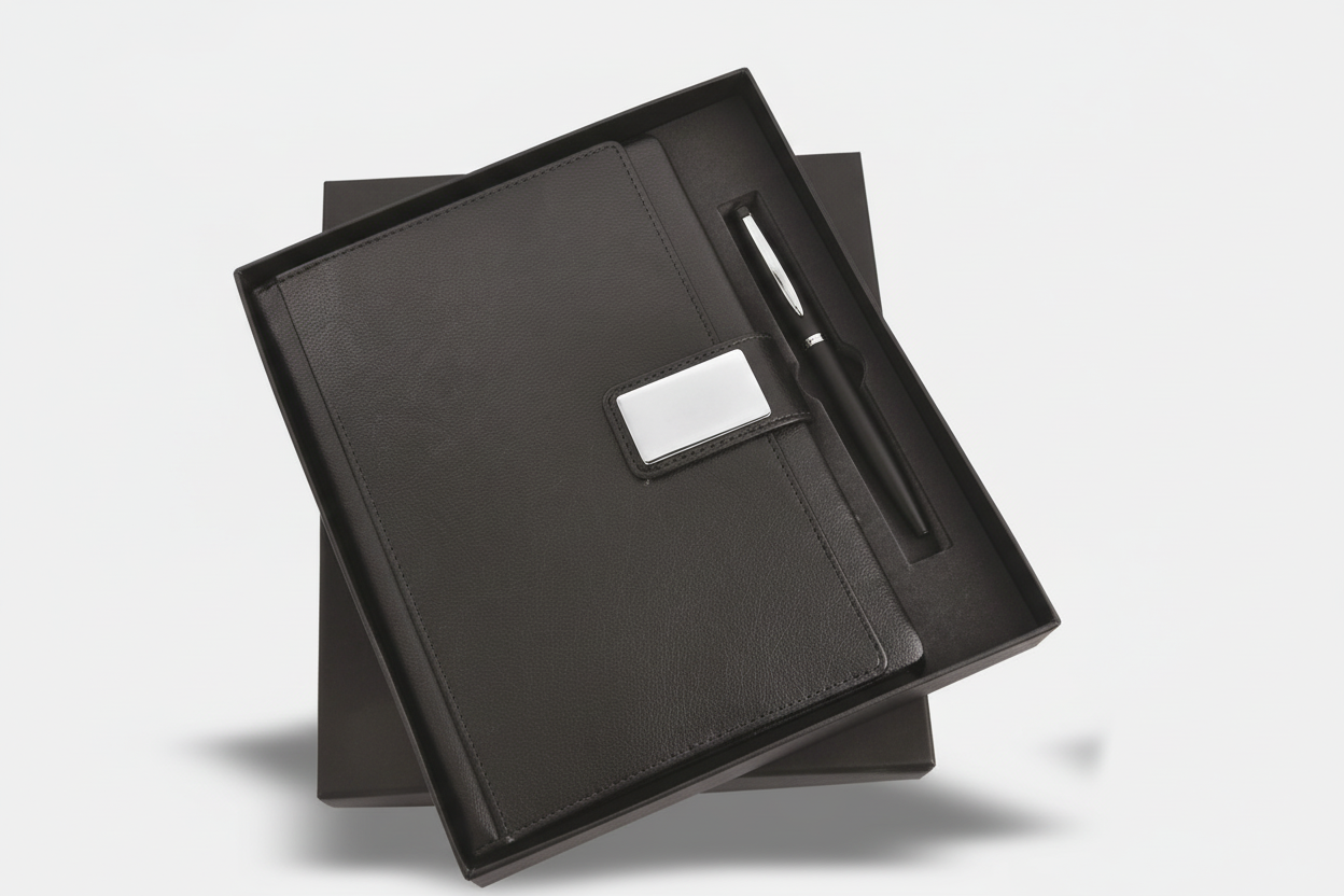 Black leather wallet with pen on a white background