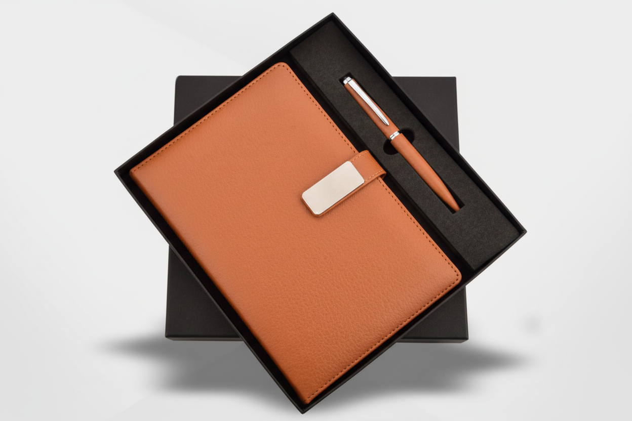 Brown leather notebook with pen on a white background