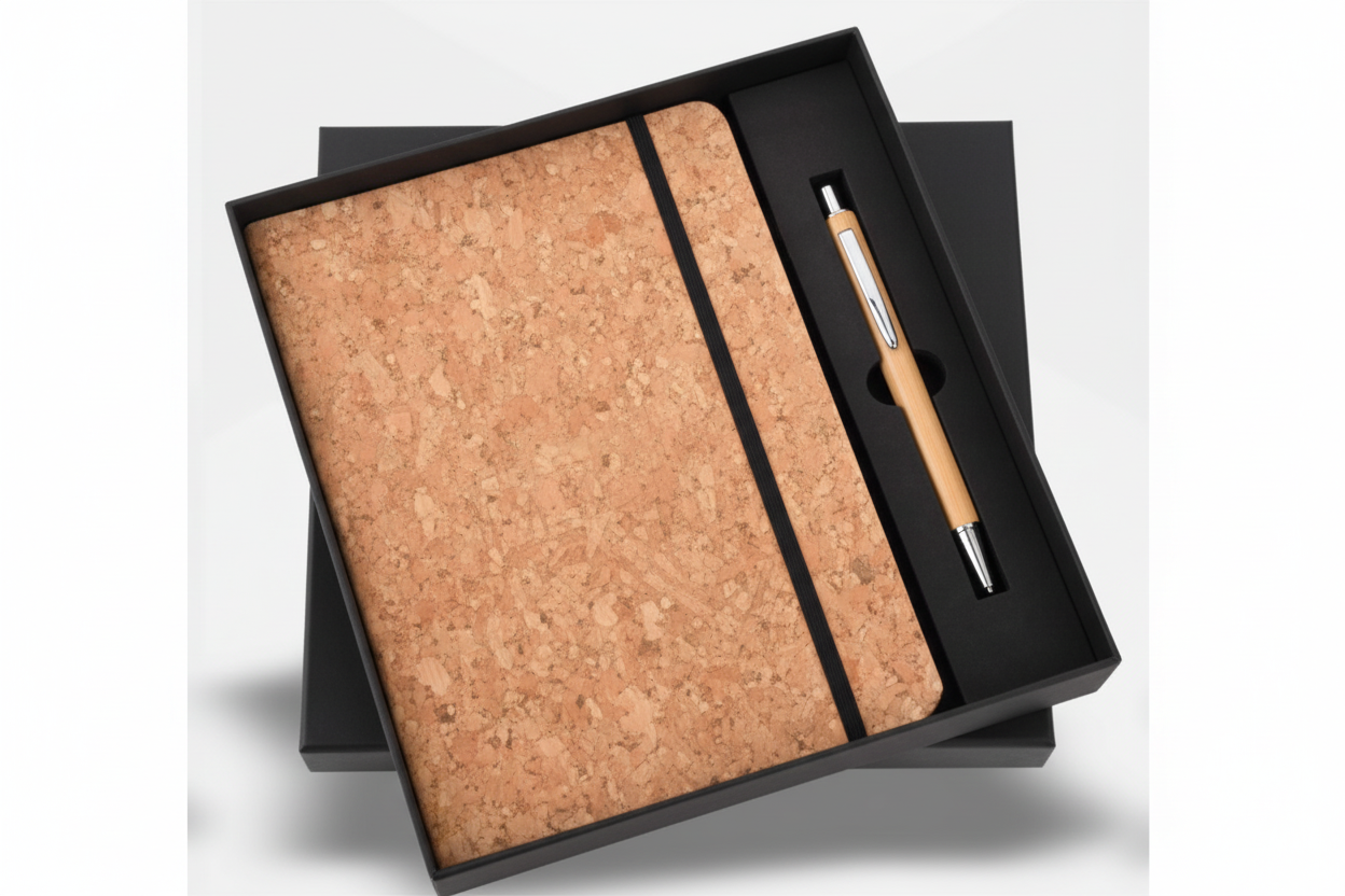 Cork notebook with pen on a black background