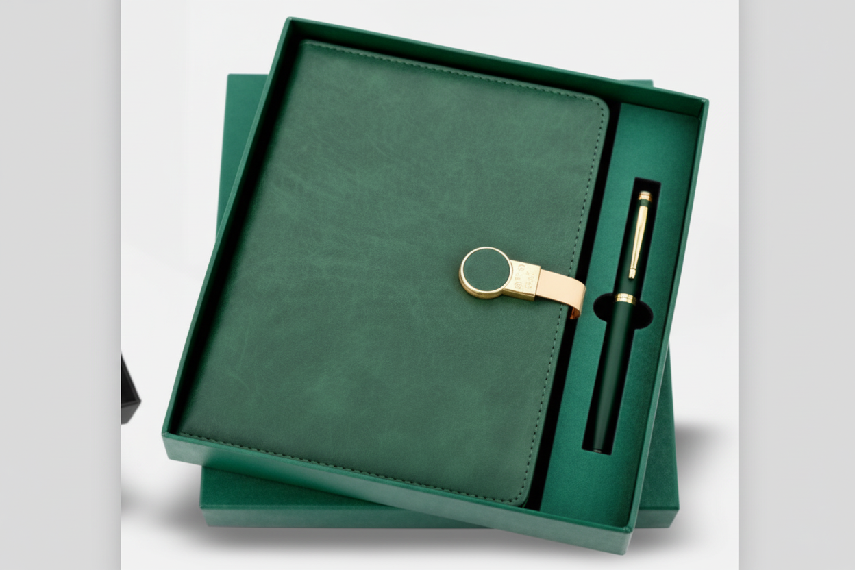 Green leather-bound notebook with a pen on a matching green cover