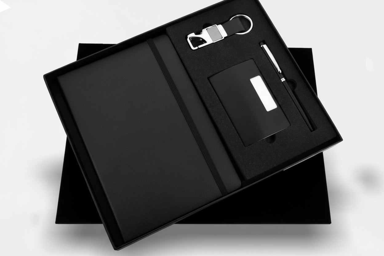 Black Elastic 4-in-1 Combo – A5 Diary, Metal Pen, Keychain & Card Holder