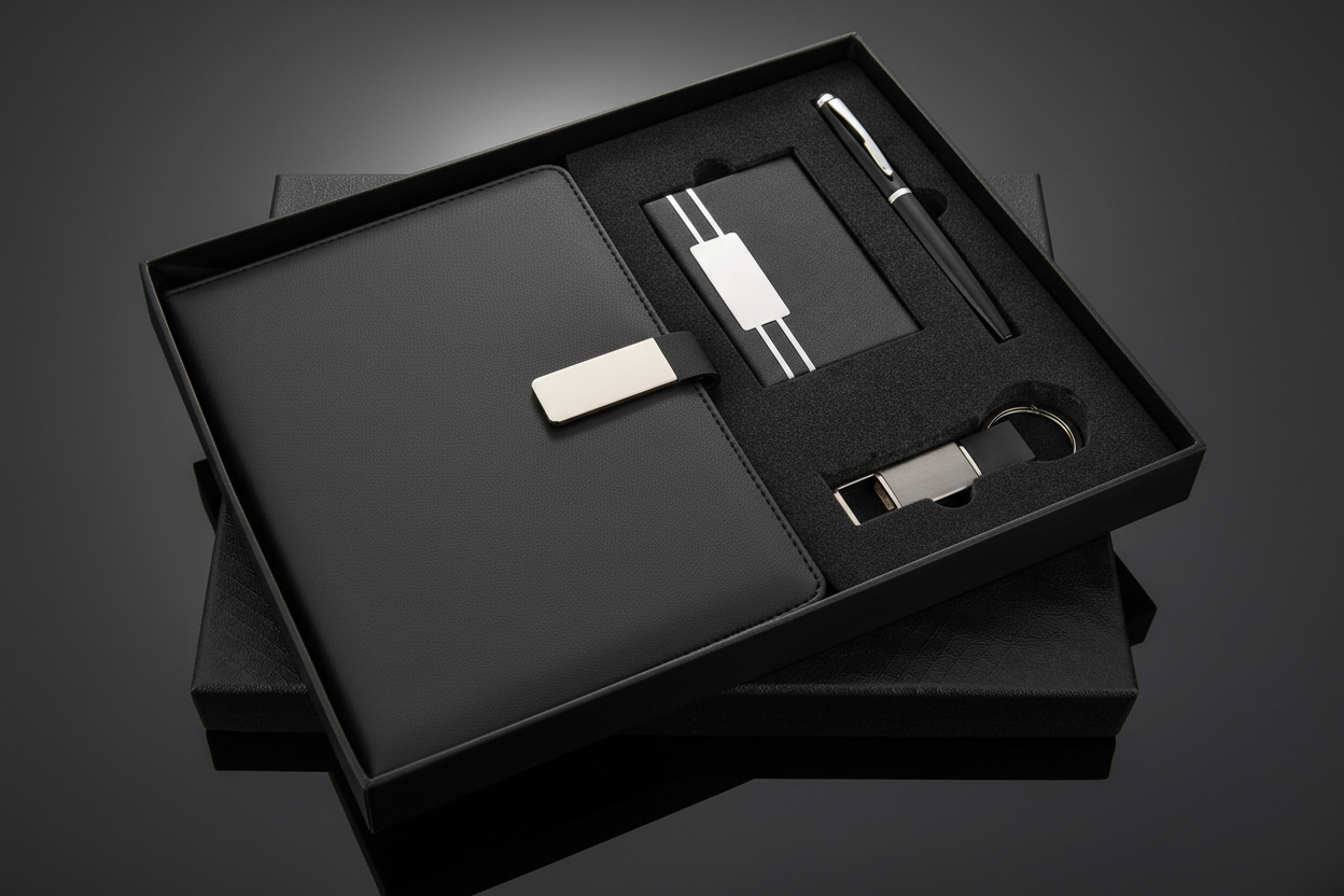 Black 4 in 1 Gift Set – Diary, Pen, Keychain & Card Holder Combo