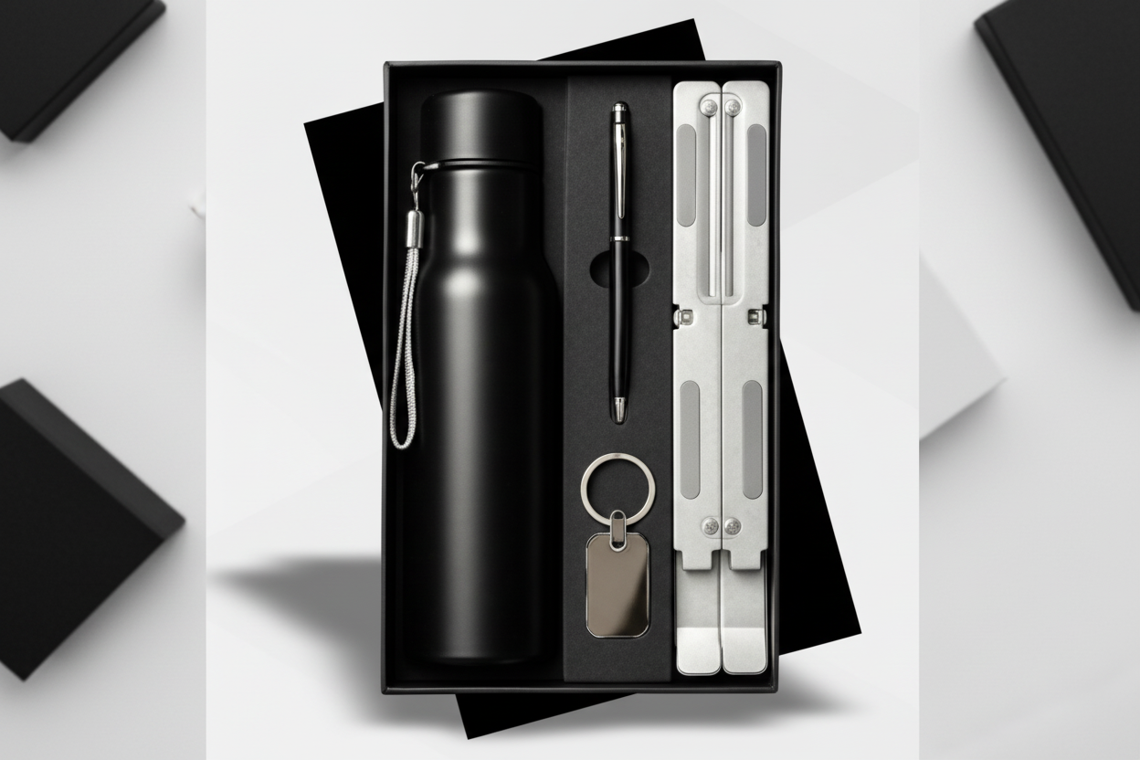 Dark Matte Lite 4 in 1 Gift Set – Bottle, Pen, Keychain & Laptop Stand Combo | Premium Corporate Utility Set