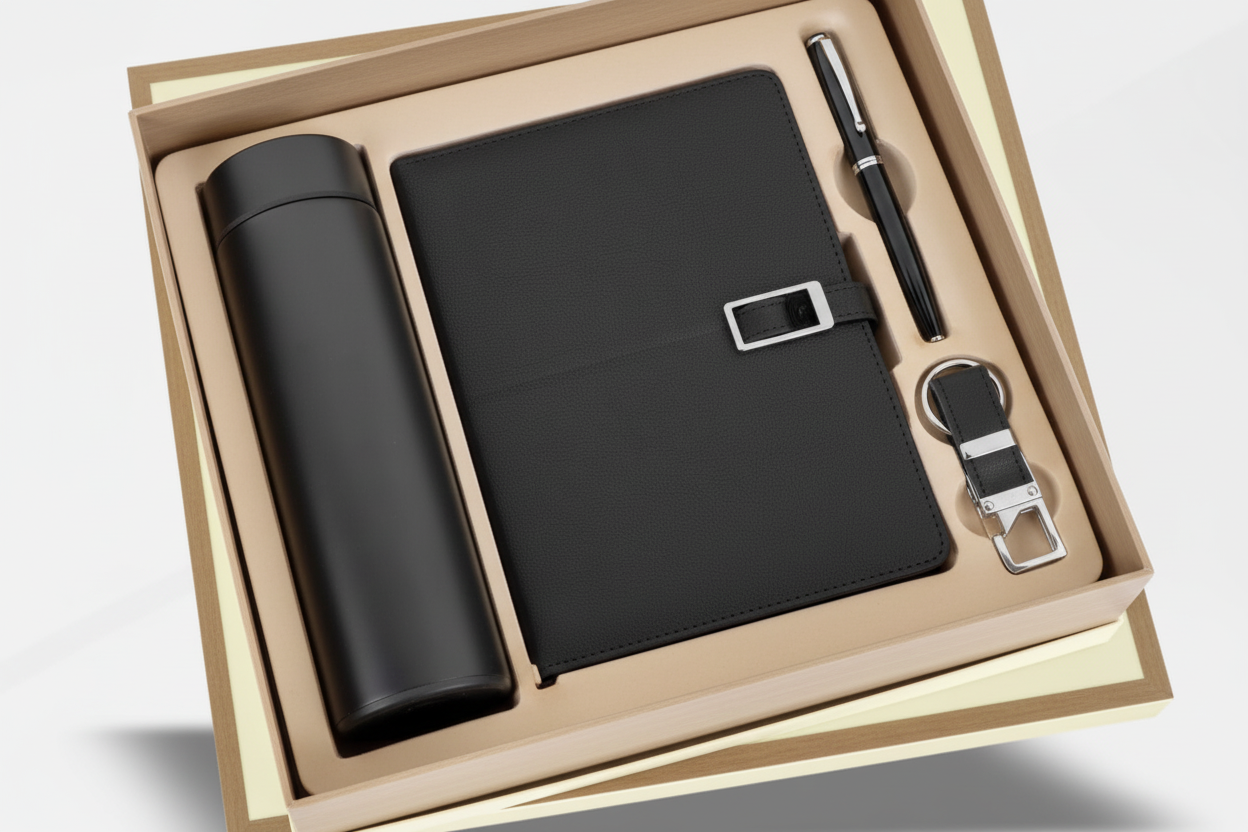 Zenith Black 4 in 1 Gift Set – Diary, Pen, Keychain & Bottle Combo | Premium Corporate Gift Set