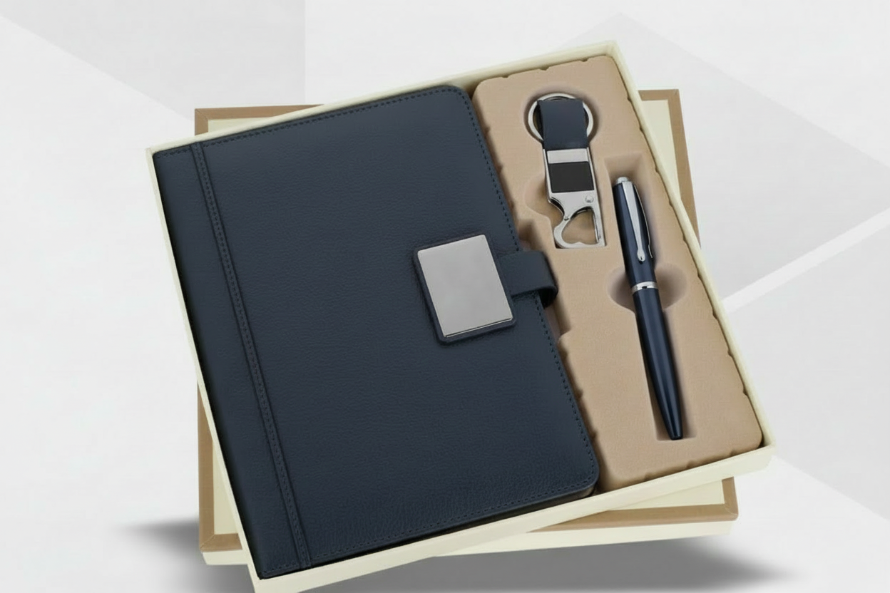 Elite Blue & Grey 3 in 1 Gift Set – Diary, Pen & Keychain Combo | Premium Corporate Gift Set