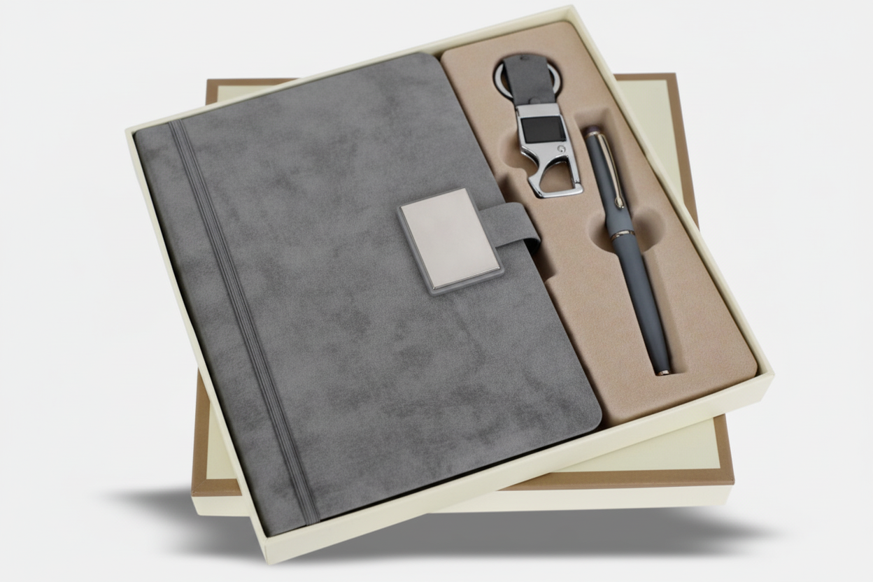 Elite Blue & Grey 3 in 1 Gift Set – Diary, Pen & Keychain Combo | Premium Corporate Gift Set