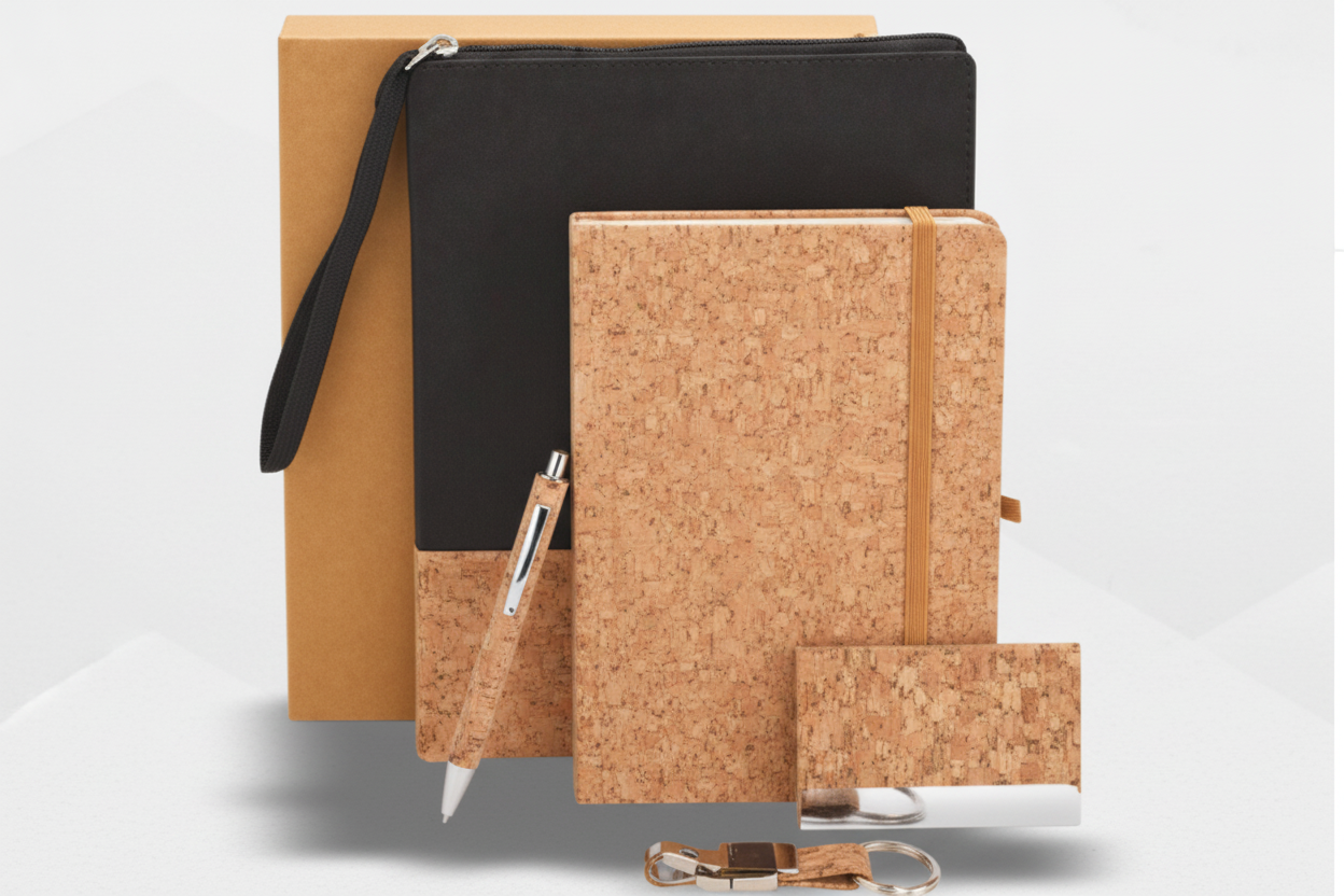 Eco Cork Essentials Kit – Canvas Pouch, Diary, Pen, Card Holder & Keychain | Sustainable Corporate Gift Set