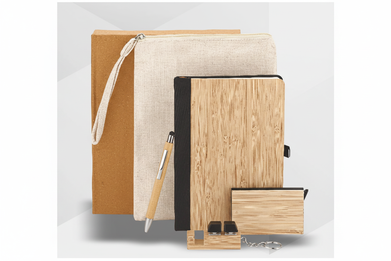 Bamboo Essentials Kit – Canvas Pouch, Diary, Pen, Card Holder & Keychain | Eco-Friendly Corporate Gift Set