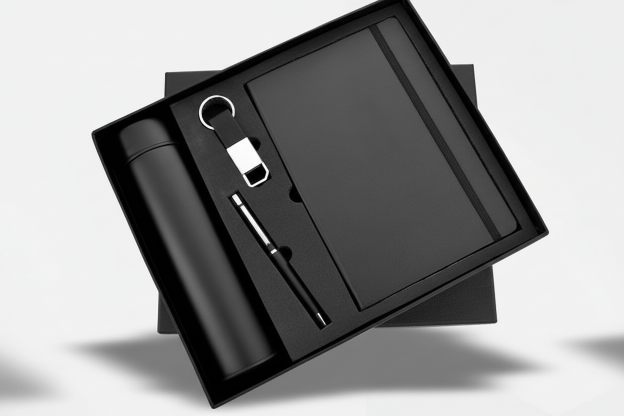 Black Temperature Bottle 4 in 1 Gift Set – 500ml Smart Bottle, Diary, Metal Pen & Keychain Combo