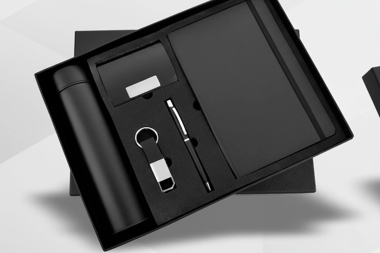 Black office stationery set including a pen, USB drive, and notepad in a black box on a white background.