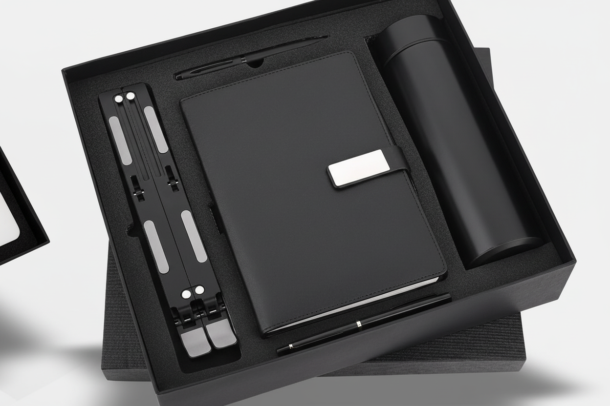 4-in-1 Midnight DeskMate Set – Temperature Bottle, Diary, Pen & Laptop Stand